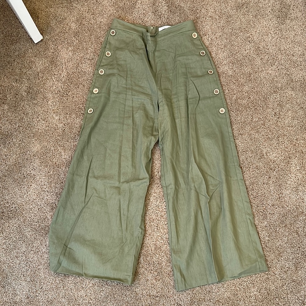 High-Waist Olive Wide-Leg Button Detail Pants